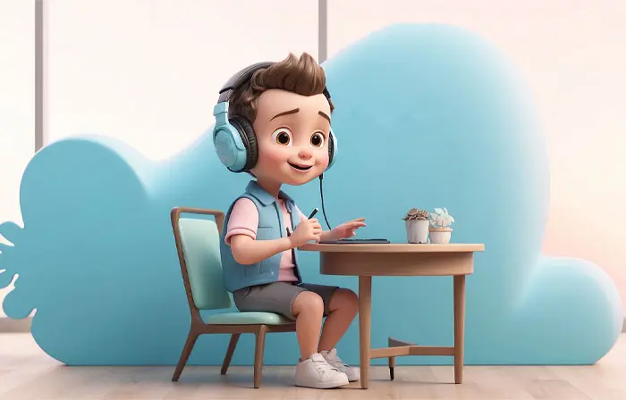 Kid Listening to Music Cartoon 3D Picture Illustration image